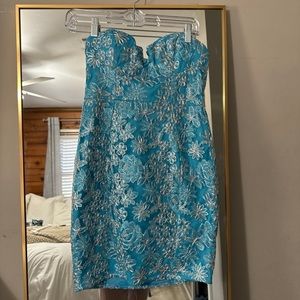 Blue mini bodycon flower embroidered dress